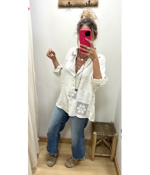 camisa lino fleur croche