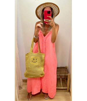 vestido lino flecos fluor