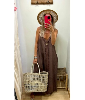 vestido lino flecos chocolat